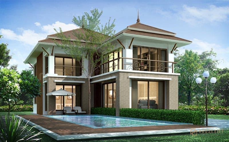 Hình ảnh phối cảnh biệt thự mái thái 2 tầng 310m2 có bể bơi hiện đại