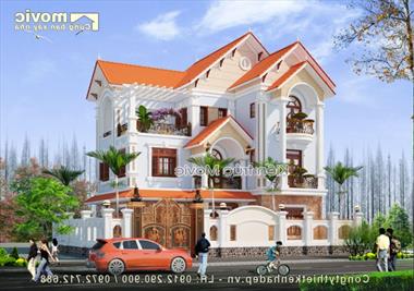 Mẫu nhà chữ L 3 tầng đẹp phong cách tân cổ điển mái thái - BT1717