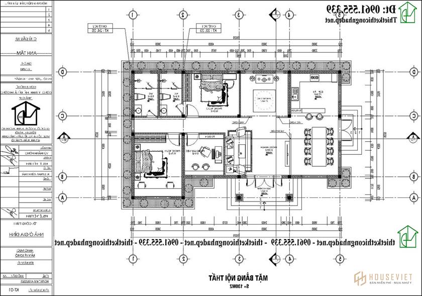 Mặt bằng nội thất nhà vườn 1 tầng mái nhật 15x9m NDBT1T130