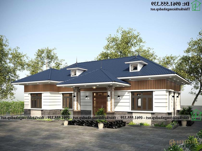 Thiết kế nhà 1 tầng mái hiên đại có 3 phòng ngủ 1 phòng thờ NDBT1T130