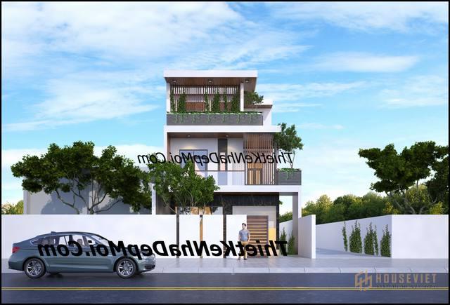 Mẫu nhà chữ L ba tầng mái bằng 8m