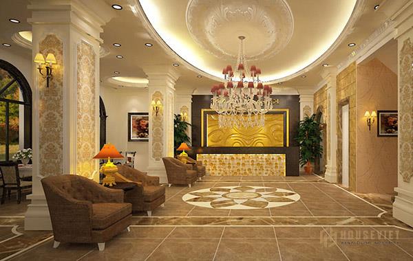 Hệ thống đèn được sử dụng hài hòa với màu sắc của sảnh khách sạn