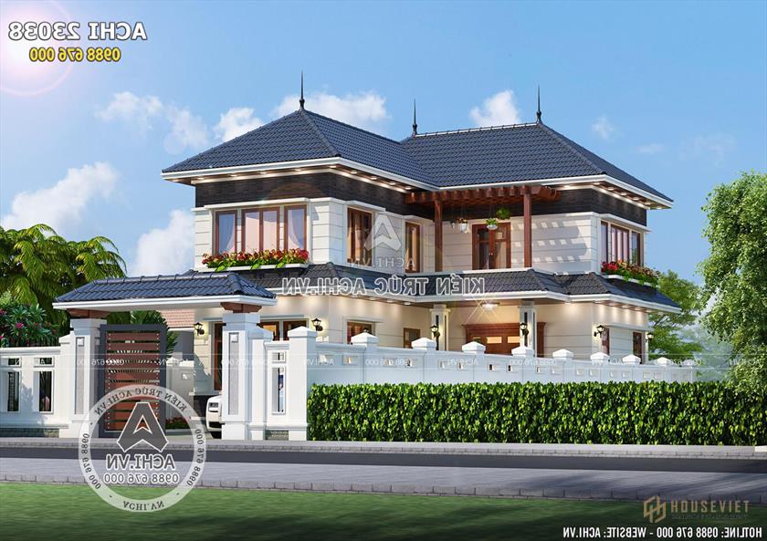 Mẫu biệt thự mái thái 2 tầng hình chữ L khi nhìn từ bên ngoài vào Mẫu biệt thự mái thái 2 tầng hình chữ L khi nhìn từ bên ngoài vào