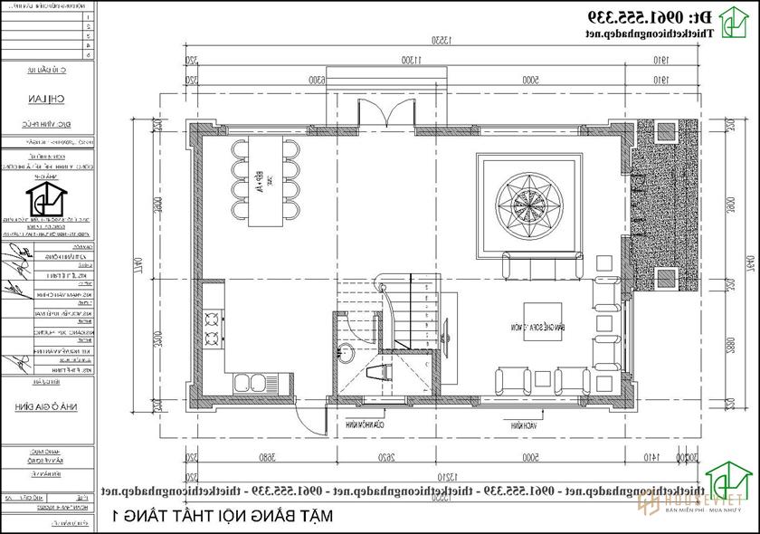 Mặt bằng nội thất tầng 1 biệt thự 3 tầng tân cổ điển 8x12m NDBT3T28