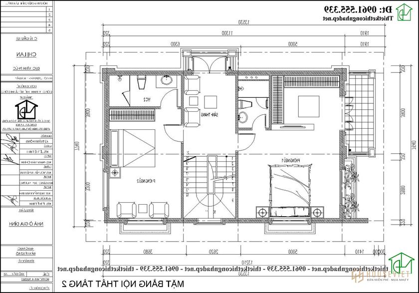 Mặt bằng nội thất tầng 2 biệt thự 3 tầng tân cổ điển 8x12m NDBT3T28