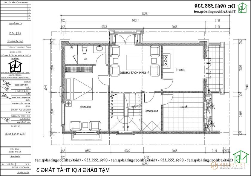 Mặt bằng nội thất tầng 3 biệt thự 3 tầng tân cổ điển 8x12m NDBT3T28