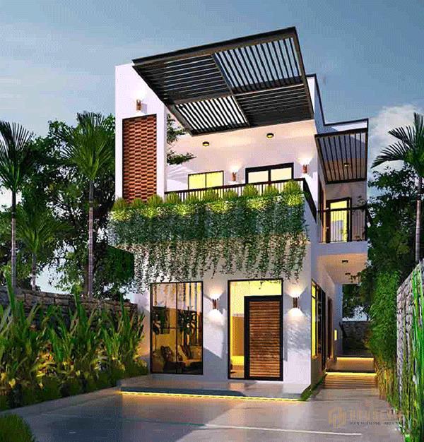 Mẫu thiết kế nhà 2 tầng 4 phòng ngủ nhiều cây xanh tươi mát.