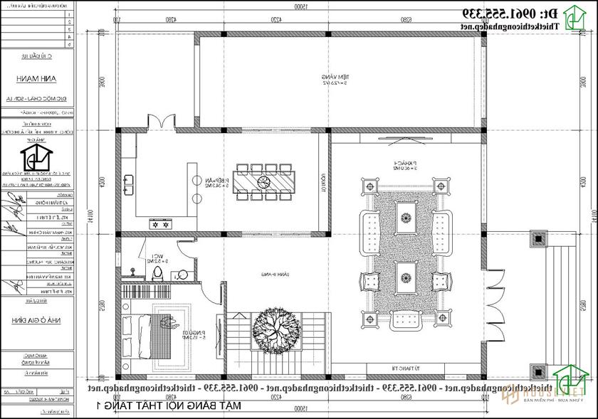 Mặt bằng nội thất tầng 1 biệt thự 2 tầng mái thái 9x16m NDBT2T116 kiểu Nhật