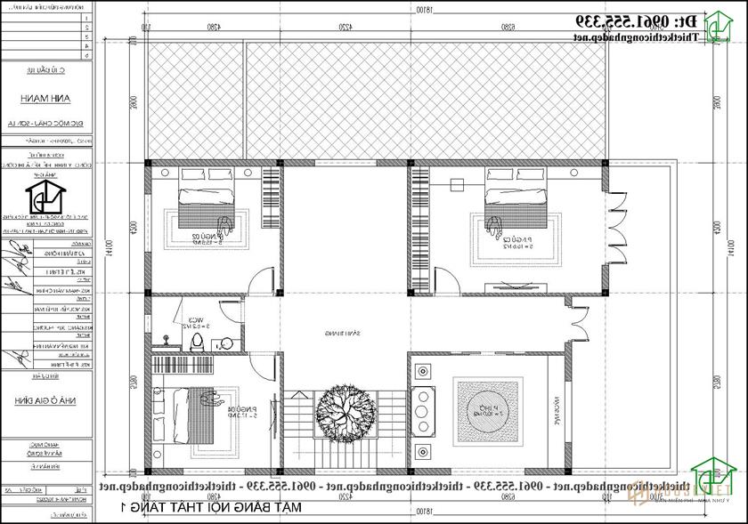 Mặt bằng nội thất tầng 2 biệt thự 2 tầng mái thái 9x16m NDBT2T116 kiểu Nhật