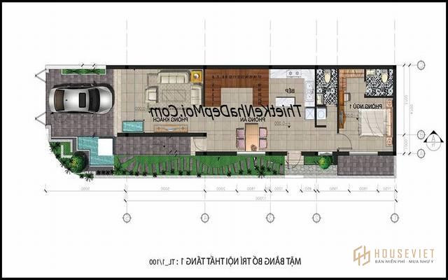 Bản vẽ mặt bằng tầng 1 mẫu nhà 2 mặt tiền 5x17m
