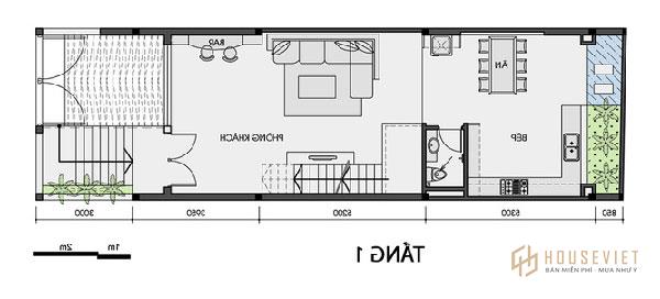 Bản vẽ nhà cấp 4 có mặt bằng tầng 1 được phân chia khoa học với các thông số cụ thể