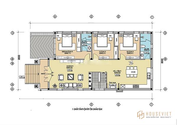 Bản vẽ mặt bằng tầng 1 của mẫu nhà có 1 tầng bán hầm độc đáo và ấn tượng