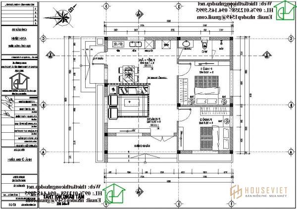 Mặt bằng bố trí nội thất mẫu nhà cấp 4 mái bằng NDNC466