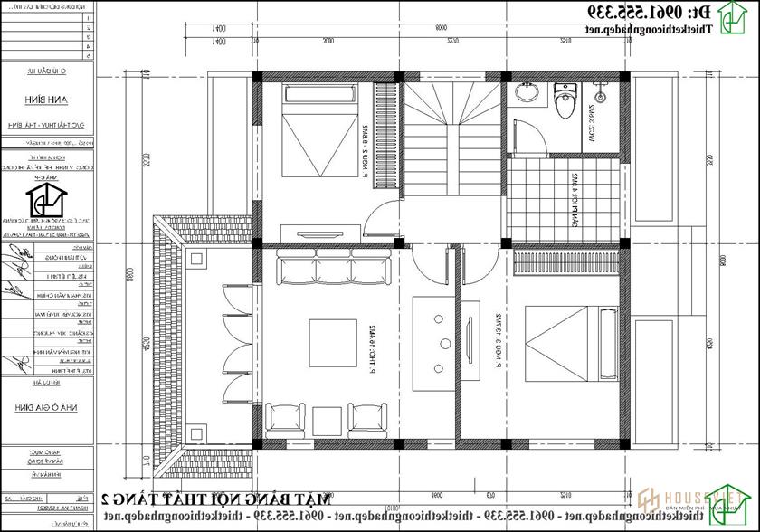Phương án 1 mặt bằng nội thất tầng 2 Mẫu nhà 2 tầng nông thôn giá 500 triệu NDBT2T117