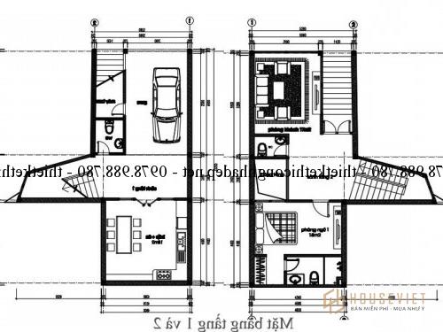 Mặt bằng tầng 1 và tầng 2 nhà phố 5x12m