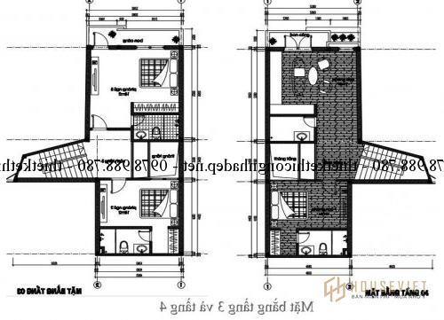 Mặt bằng tầng 3 và 4 nhà phố 5x12m