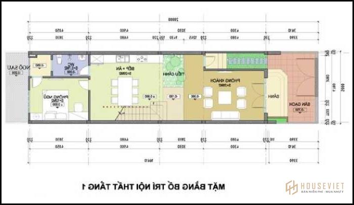 Mặt bằng công năng tầng 1 mẫu nhà 1 trệt 1 lầu 5x20 mái thái