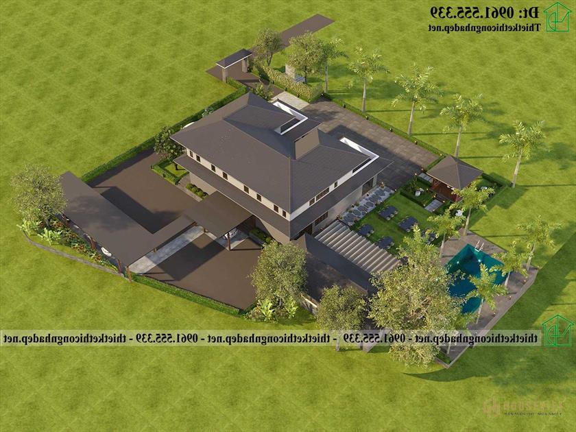 Phối cảnh tổng thể của mẫu biệt thự 2 tầng 400m2 mái Nhật đẹp NDBT2T132