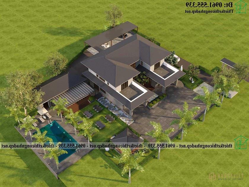 Phối cảnh tổng thể mẫu biệt thự 2 tầng hiện đại mái thái NDBT2T132