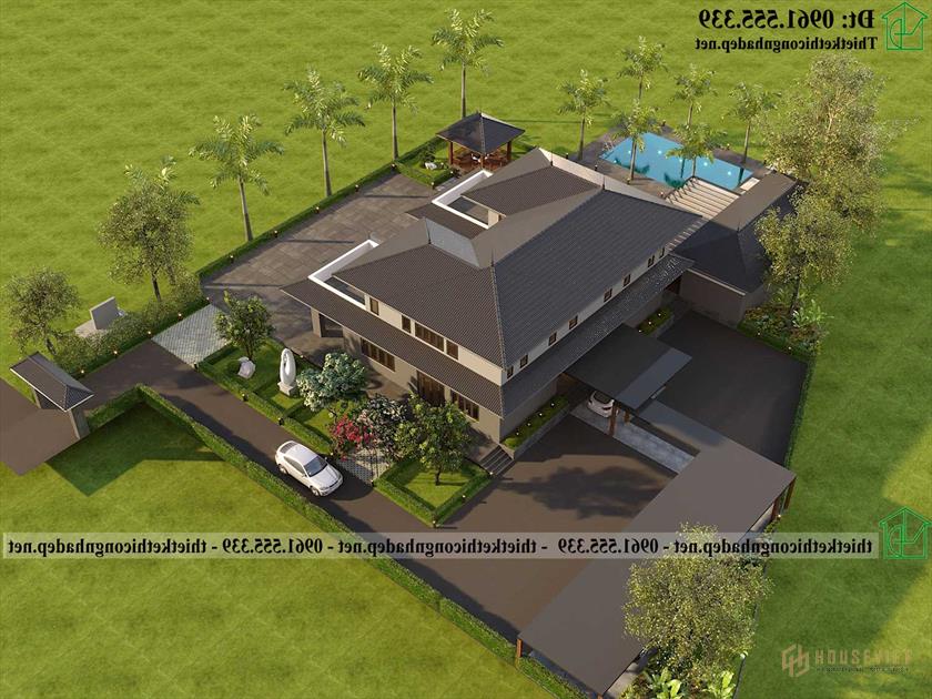 Phối cảnh tổng thể thiết kế mẫu biệt thự 2 tầng hiện đại NDBT2T132