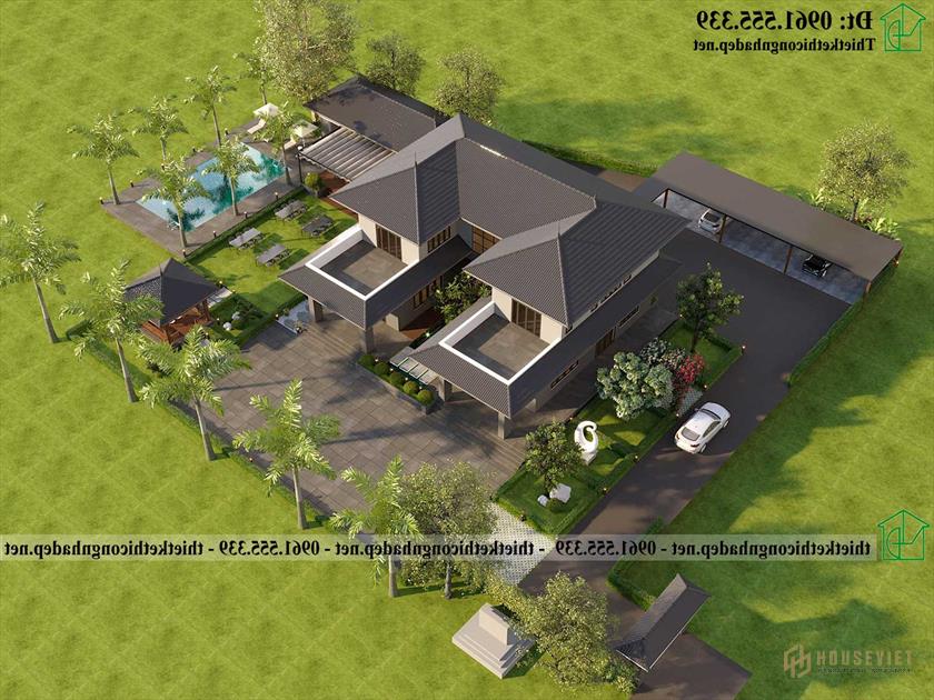 Phối cảnh tổng thể mẫu biệt thự 2 tầng hiện đại 400m2 mái Nhật NDBT2T132