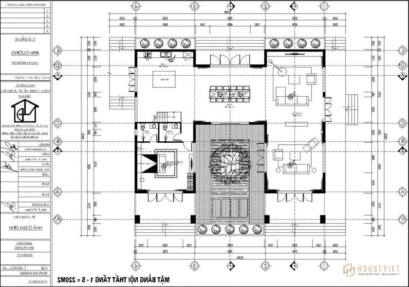 Mặt bằng bố trí nội thất tầng 1 biệt thự 2 tầng mái Nhật 400m2 NDBT2T132