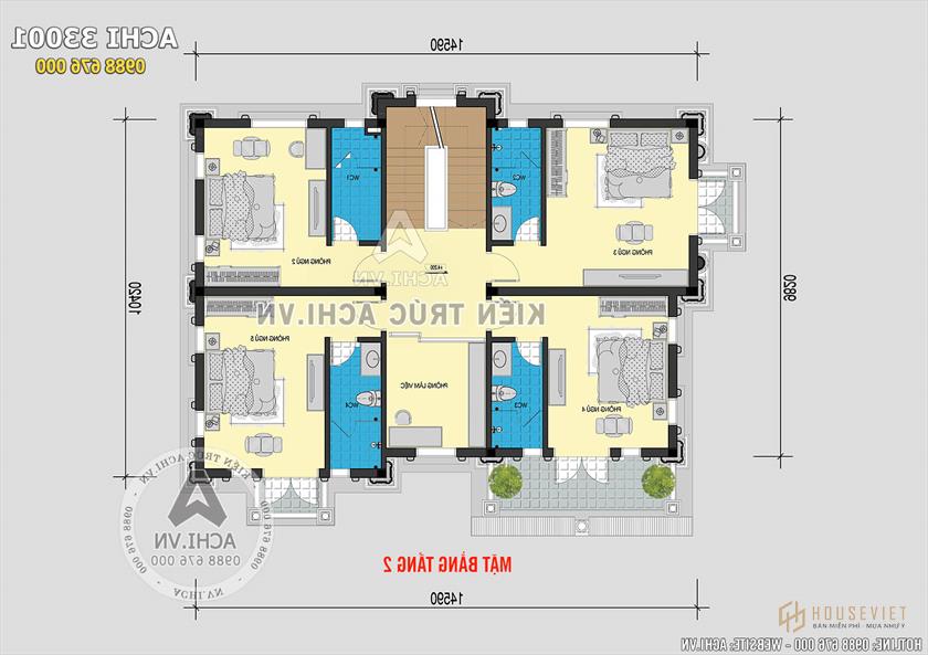Bản vẽ mặt bằng tầng 2 của mẫu thiết kế nhà 3 tầng kiến ​​trúc pháp