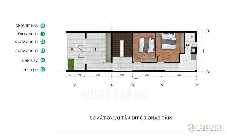 Bản vẽ mặt bằng tầng 3 nhà phố 3 tầng hiện đại.