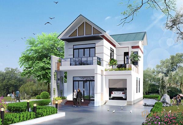 Mẫu nhà 2 tầng mái thái có gara ô tô.