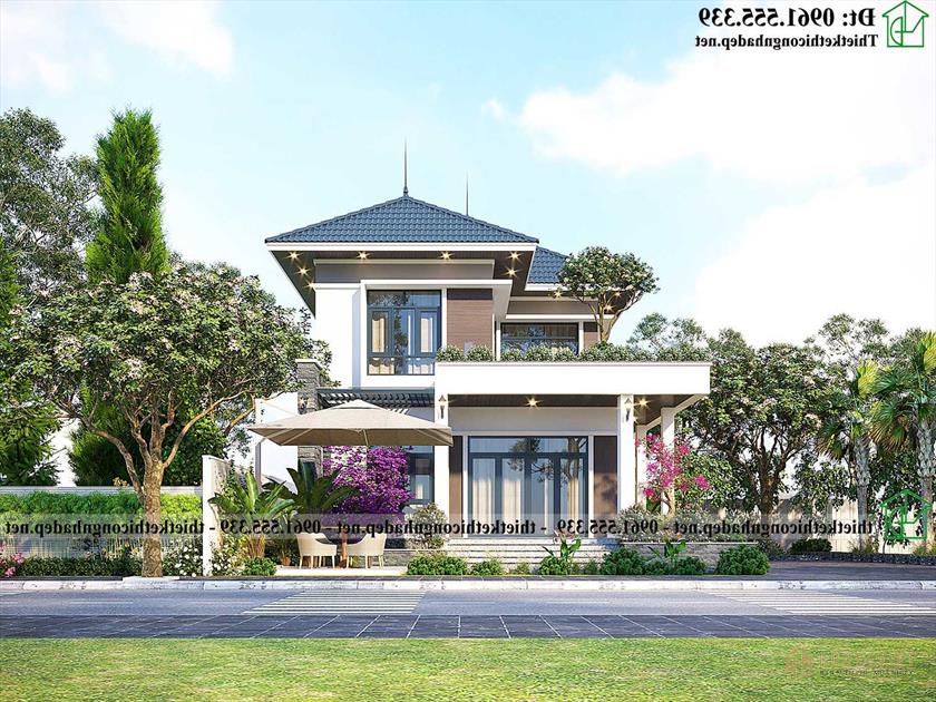Mặt tiền biệt thự 2 tầng hiện đại mái thái 8x16m NDBT2T133