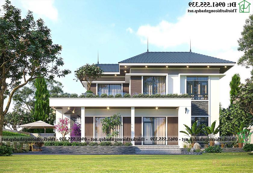 Mặt bên mẫu thiết kế biệt thự 2 tầng mái thái 8x16m NDBT2T133 kiểu Nhật