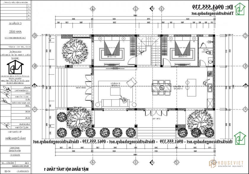 Mặt bằng nội thất tầng 1 biệt thự 2 tầng mái Nhật 8x16m tại Nam Định NDBT2T133