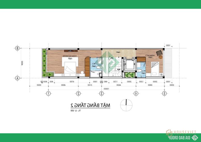 Mặt bằng tầng 2 của nhà phố 4 tầng hiện đại