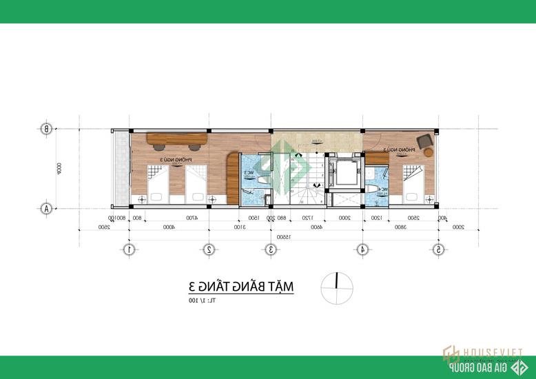 Mặt bằng tầng 3 nhà phố 4 tầng hiện đại