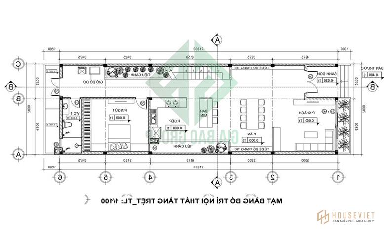 Mặt bằng tầng trệt mẫu biệt thự mini 2 tầng