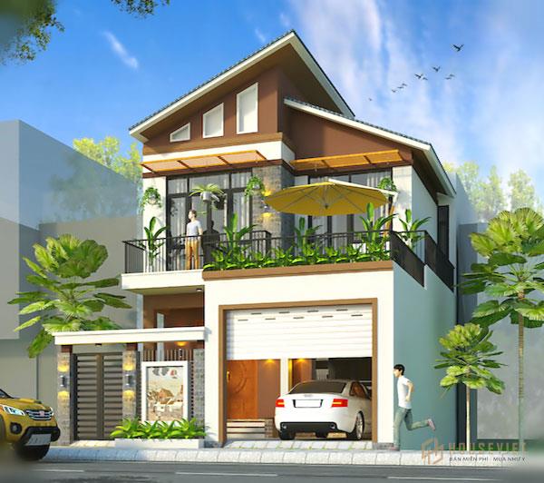 Mẫu biệt thự mái xéo có gara để xe rộng rãi.  Điểm nhấn là màu xanh tự nhiên trải khắp ngôi nhà