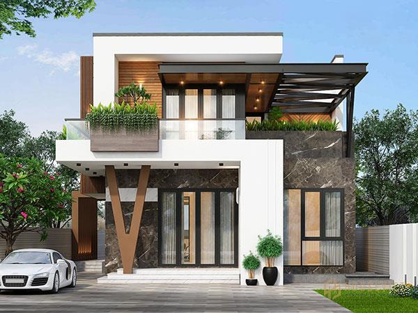 Mẫu nhà phố 2 tầng hiện đại sử dụng các ô cửa lớn.  Khoảng thông tầng của biệt thự nhà phố có thể được sử dụng làm không gian sinh hoạt và giải trí