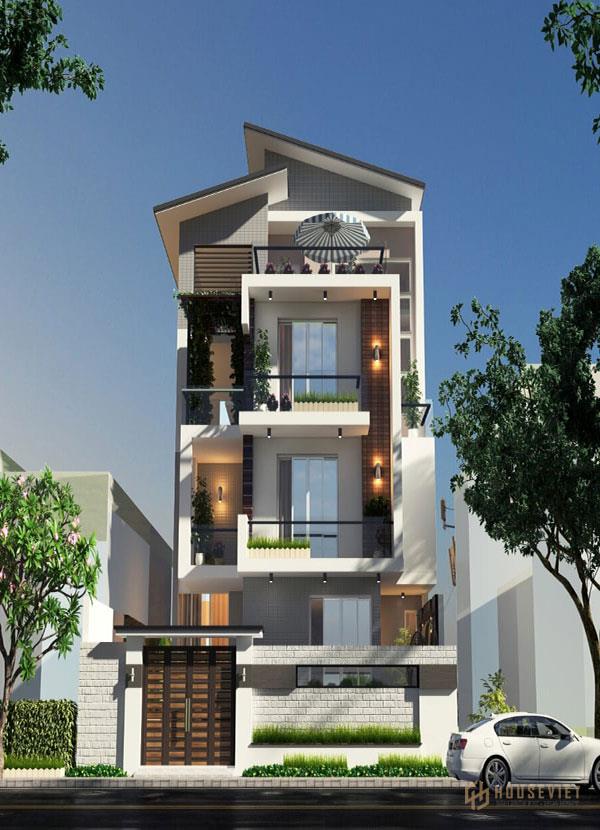 Thiết kế nhà phố với hệ thống đèn và cửa sổ lớn tạo vẻ sang trọng và hiện đại.