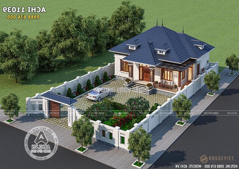 Toàn cảnh không gian ngoại thất của mẫu biệt thự 1 tầng mái thái