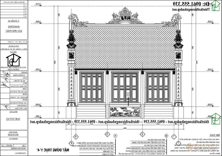 Bản vẽ mặt tiền mẫu thiết kế nhà thờ họ 3 gian 8x8m ở Vĩnh Phúc đẹp NDNTH30