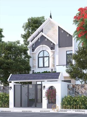 Mẫu thiết kế nhà phố mái thái tân cổ điển có ban công tràn ngập cây xanh