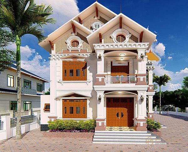 Màu sơn ngoại thất của mẫu biệt thự 2 tầng phối hợp tinh tế, nhịp nhàng