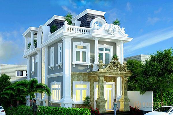 Biệt thự 2 tầng tân cổ didển được thể hiện rõ ở đường phào, chỉ