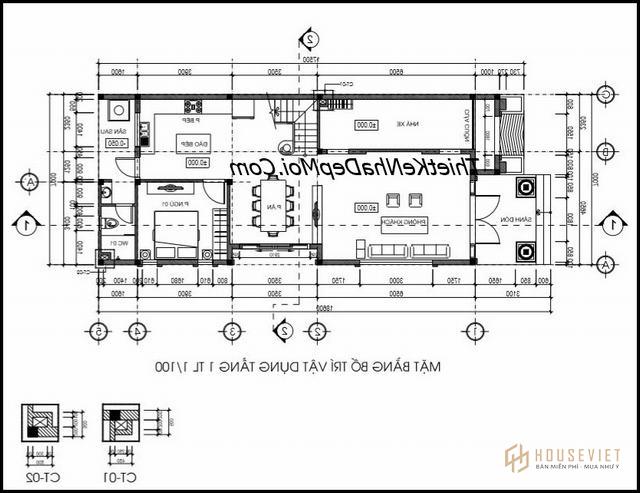 Bản vẽ nhà 1 trệt 2 lầu 7x16