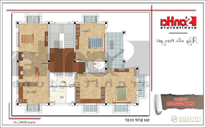 Mặt bằng công năng tầng 2 biệt thự pháp mái ngói xanh tại Quảng Ninh sh btp 0107