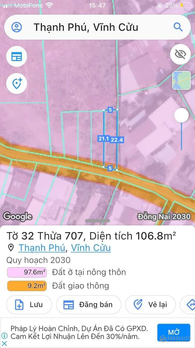 Cần bán gấp lô đất xã Thạnh Phú, Vĩnh Cửu, Biên Hoà, Đồng Nai.