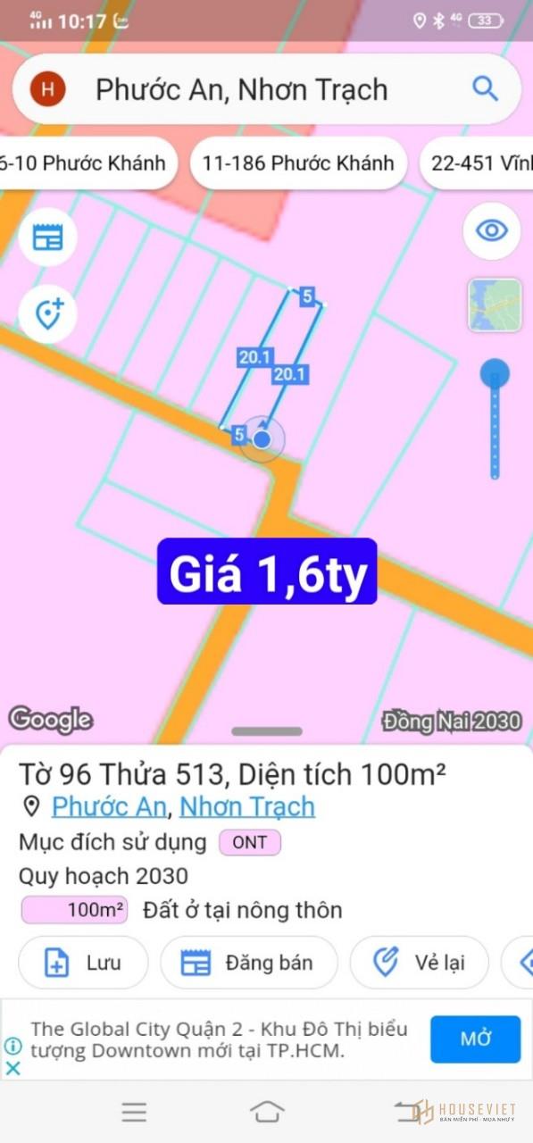 Bán đất gần khu dân cư diện tích 100m2 FULL thổ thuộc xã Phước An